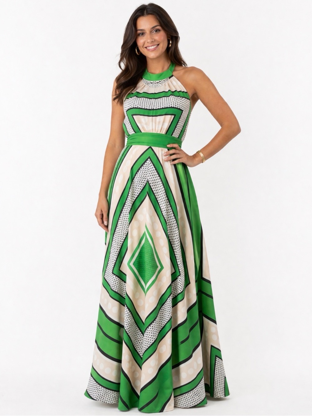 Eliza J. Green and Cream halter neck maxi dress 4
